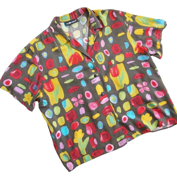 Vintage 90s Floral Shapes Button Up Shirt M L Oversized Baggy - Picture 1 of 5